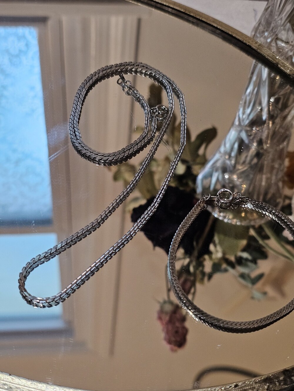 Vintage Silver Herringbone Chain Necklace and Bracelet Set
